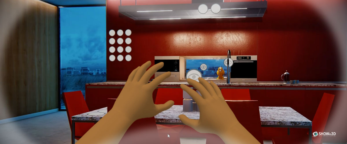Configurazione virtuale di una cucina dai toni rossi
